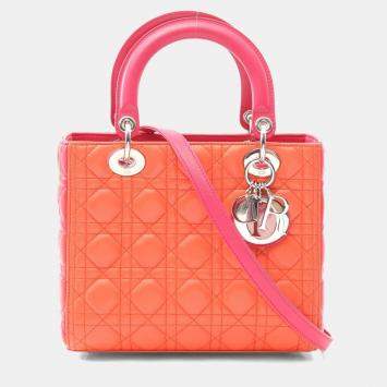 Pre Owned Christian Dior Dior Lady Dior Lady Handbag  Leather  Orange/Pink