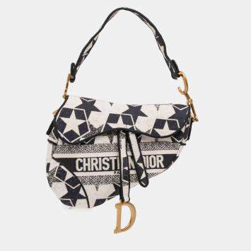 Pre Owned Dior Black/White Embroidered Canvas Stars Saddle Bag