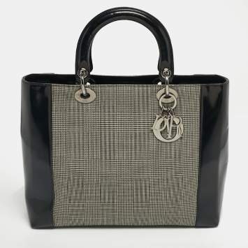Pre Owned Dior Black Houndstooth Canvas and Leather Large Lady Dior Tote