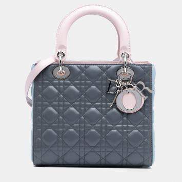 Pre Owned Dior Grey Pink Medium Tricolor Lambskin Cannage Lady Dior