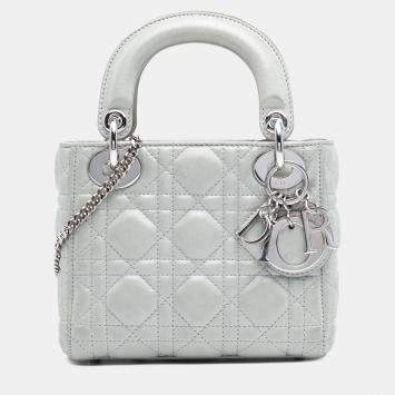 Pre Owned Dior Silver Mini Iridescent Lambskin Cannage Lady Dior
