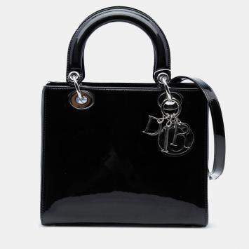 Pre Owned Dior Black Medium Patent Lady Dior