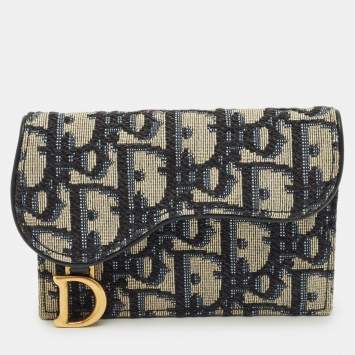 Pre Owned Dior Navy Blue Oblique Canvas and Leather Saddle Card Case