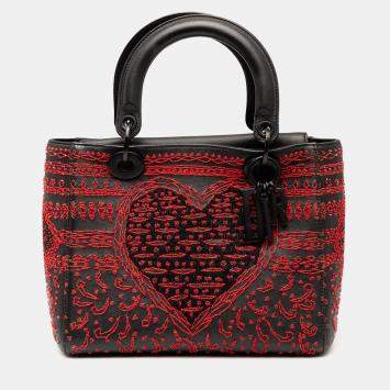 Pre Owned Dior Black/Red Medium Smooth Calfskin Embroidered Heart Playing Cards Lady Dior