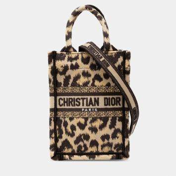 Pre Owned Dior Brown Mizza Mini Embroidered Canvas Leopard Vertical Book Tote