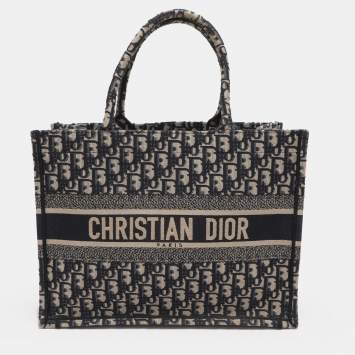 Pre Owned Dior Navy Blue Oblique Embroidered Canvas Medium Book Tote
