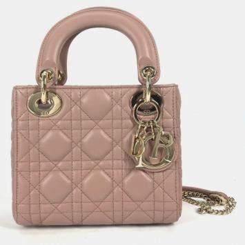 Pre Owned Christian Dior Dior Lady Mini Cannage Chain Shoulder Bag Lambskin Pink Beige