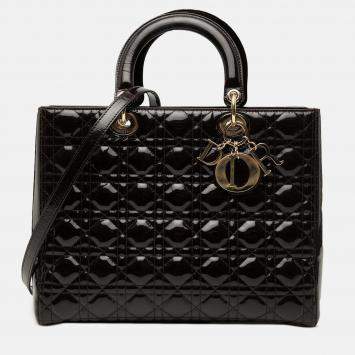 Pre Owned Dior Brown Large Patent Cannage Lady Dior