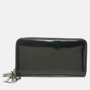 Pre Owned Dior Black Glossy Leather Lady Dior Zip Continental Wallet