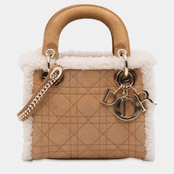 Pre Owned Dior Brown/White Mini Suede Shearling Cannage Lady Dior