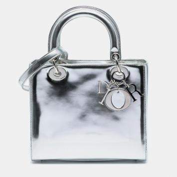 Pre Owned Dior Silver Medium Metallic Patent Lady Dior