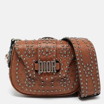 Pre Owned Dior Brown Woven Embossed Leather Studded D-Fence Saddle Bag