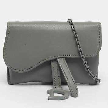 Pre Owned Dior Grey Ultra Matte Leather Nano Saddle Chain Pouch