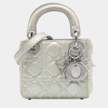Pre Owned Dior Silver Micro Metallic Calfskin Cannage Lady Dior