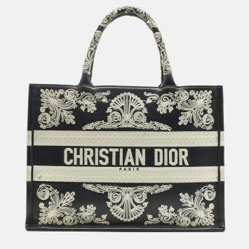 Pre Owned Dior Navy Blue/White Leather Embroidered Medium Book Tote