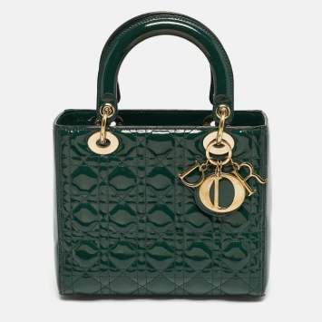 مملوكة مسبقًا Dior Green Cannage Patent Leather Medium Lady Dior Tote