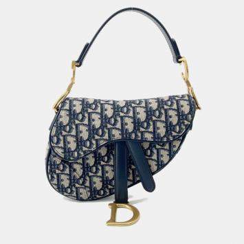 Pre Owned Dior Saddle Oblique One Shoulder Bag Navy Canvas Leather