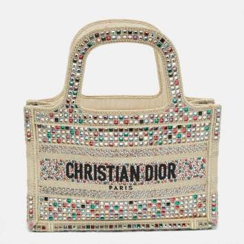 Pre Owned Dior Crystal Embellished Book Gold Canvas Tote
