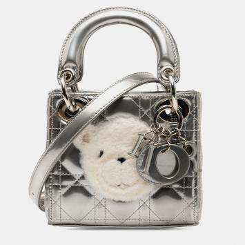 Pre Owned Dior Silver Micro Metallic Lambskin Cannage Bear Lady Dior