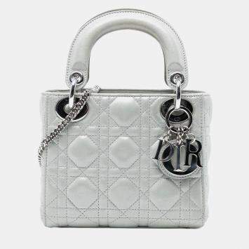 Pre Owned Dior Silver Mini Iridescent Lambskin Cannage Lady Dior