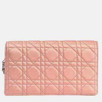 Pre Owned Christian Dior 2019 Pink Satin Cannage Wallet on Chain