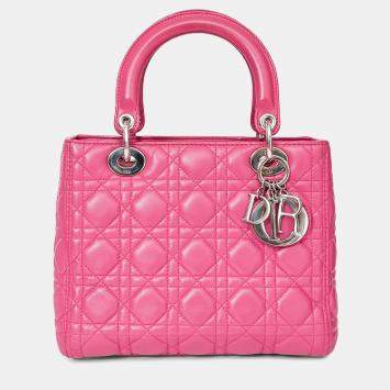 Pre Owned Christian Dior 2013 Pink Cannage Leather Lady Dior Top Handle with Strap