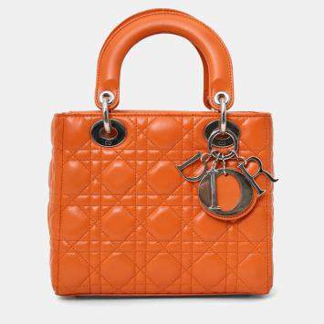Pre Owned Christian Dior 2016 Orange Leather Cannage Small Lady Dior with Strap