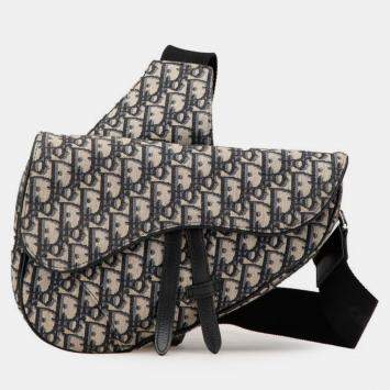 Pre Owned Christian Dior Dior Oblique Saddle Bag Body Shoulder Navy Beige Canvas Leather