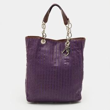 Pre Owned Dior Soft Lady Dior Large Purple Woven Leather and Patent Leather Tote
