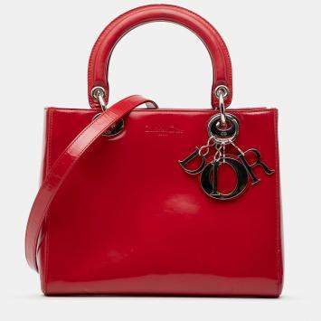 Pre Owned Dior Red Medium Patent Lady Dior