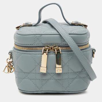 Pre Owned Dior Blue Micro Lambskin Cannage Lady Dior Vanity Case