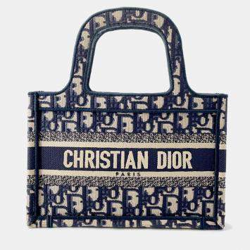 Pre Owned Dior Oblique Book Tote Navy Canvas Size Mini