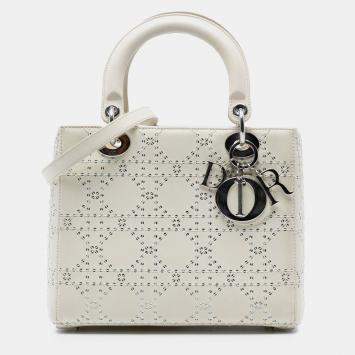 Pre Owned Dior White Medium Perforated Calfskin Cannage Lady Dior
