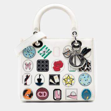 Pre Owned Dior White Medium Calfskin Patch Embellished Lady Dior