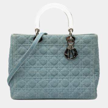 Pre Owned Dior Blue Large Denim Cannage Acrylic Handles Lady Dior