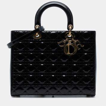 Pre Owned Dior Black Large Patent Cannage Lady Dior
