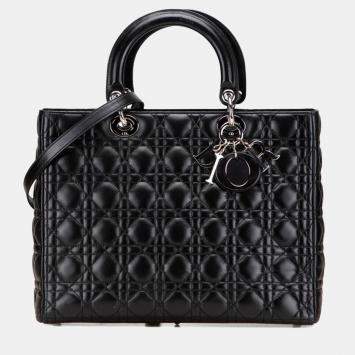 مملوكة مسبقًا Christian Dior Dior Cannage Lady Large Handbag/Shoulder Bag 2-Way Black Lambskin