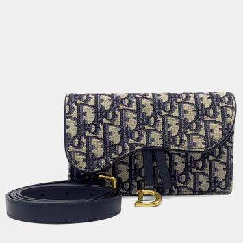 Pre Owned Dior Navy Blue Fabric Oblique Saddle Belt Bag
