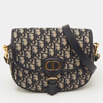 Pre Owned Dior Bobby Medium Navy Blue/Beige Oblique Jacquard and Leather Shoulder Bag
