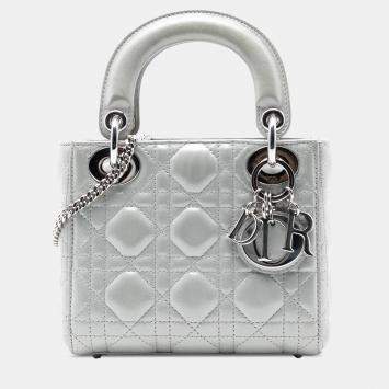 Pre Owned Dior Silver Mini Iridescent Lambskin Cannage Lady Dior
