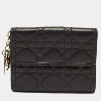 Pre Owned Dior Lady Dior Black Cannage Leather French Wallet
