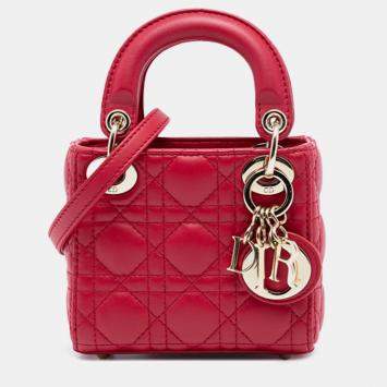 Pre Owned Dior Red Micro Lambskin Cannage Lady Dior