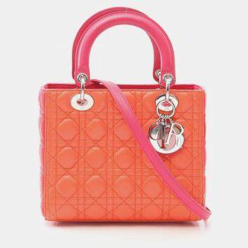 Pre Owned Christian Dior Lady Dior Shoulder Handbag Leather Coral Orange Pink