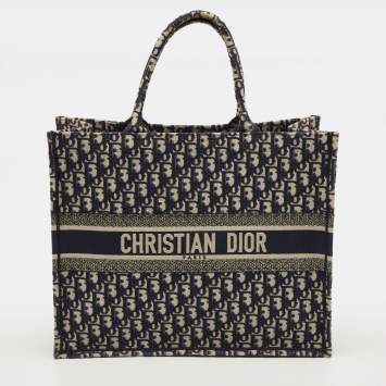 Pre Owned Dior Book Large Navy Blue Oblique Embroidered Canvas Tote
