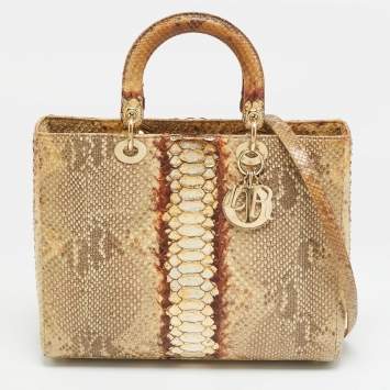 Pre Owned Dior Lady Dior Large Gold Python Tote