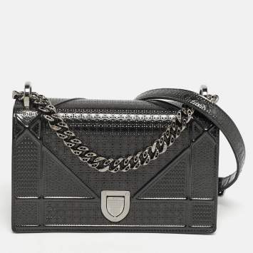 Pre Owned Dior Diorama Small Dark Grey Microcannage Patent Leather Flap Bag