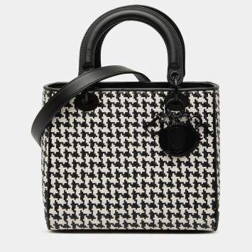 Pre Owned Dior Black White Medium Calfskin Woven Houndstooth Lady Dior