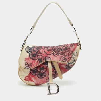 Pre Owned Dior Limited Edition 203 Saddle Off White/Red Printed Fabric Bag