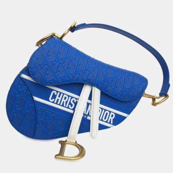 Pre Owned Dior Blue Perforated Oblique Embossed Calfskin Saddle Bag
