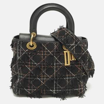 Pre Owned Dior Beaded Fringe Lady Dior Medium Black Cannage Leather Tote